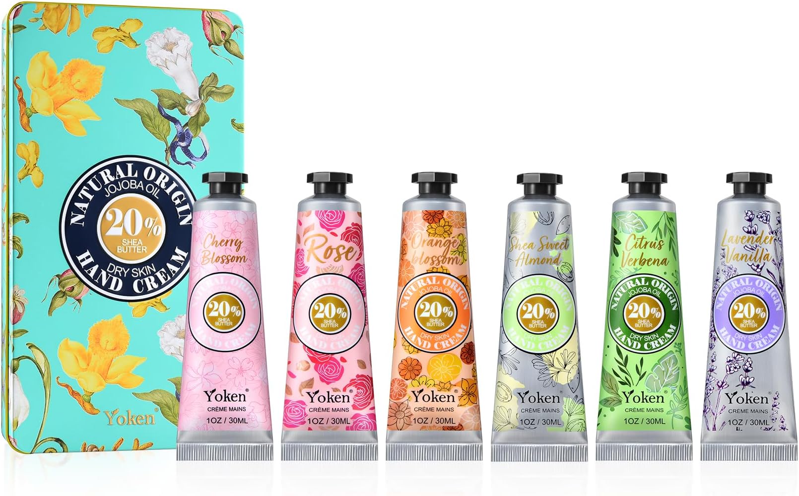 20% Shea Butter Hand Cream Gift Set, Instant Soothing Moisturizing Hand Cream for Women Nourishes Dry Hands, 6-Piece Delicate Tin Gift Set Almond, Citrus Verbena & Floral-Scented, 6 x 1 OZ