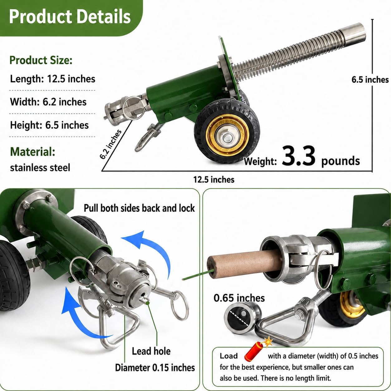Stainless Steel Mini Cannon Model Firecracker Launching Style Handmade Metal Desktop Ornament Collectible Display Piece Gift (Large Single-Barrel Recoil Mini Cannon Model Green)