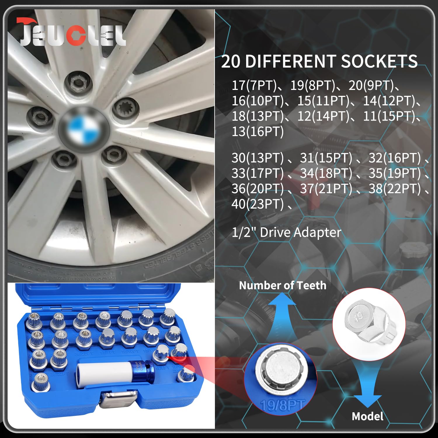 21PCS Wheel Locking Nut Key Kit Compatible with BMW, Wheel Lock Nut Socket Adapter Set, Anti-Theft Lug Nut Removal Tool, Anti-Theft Screw Remover