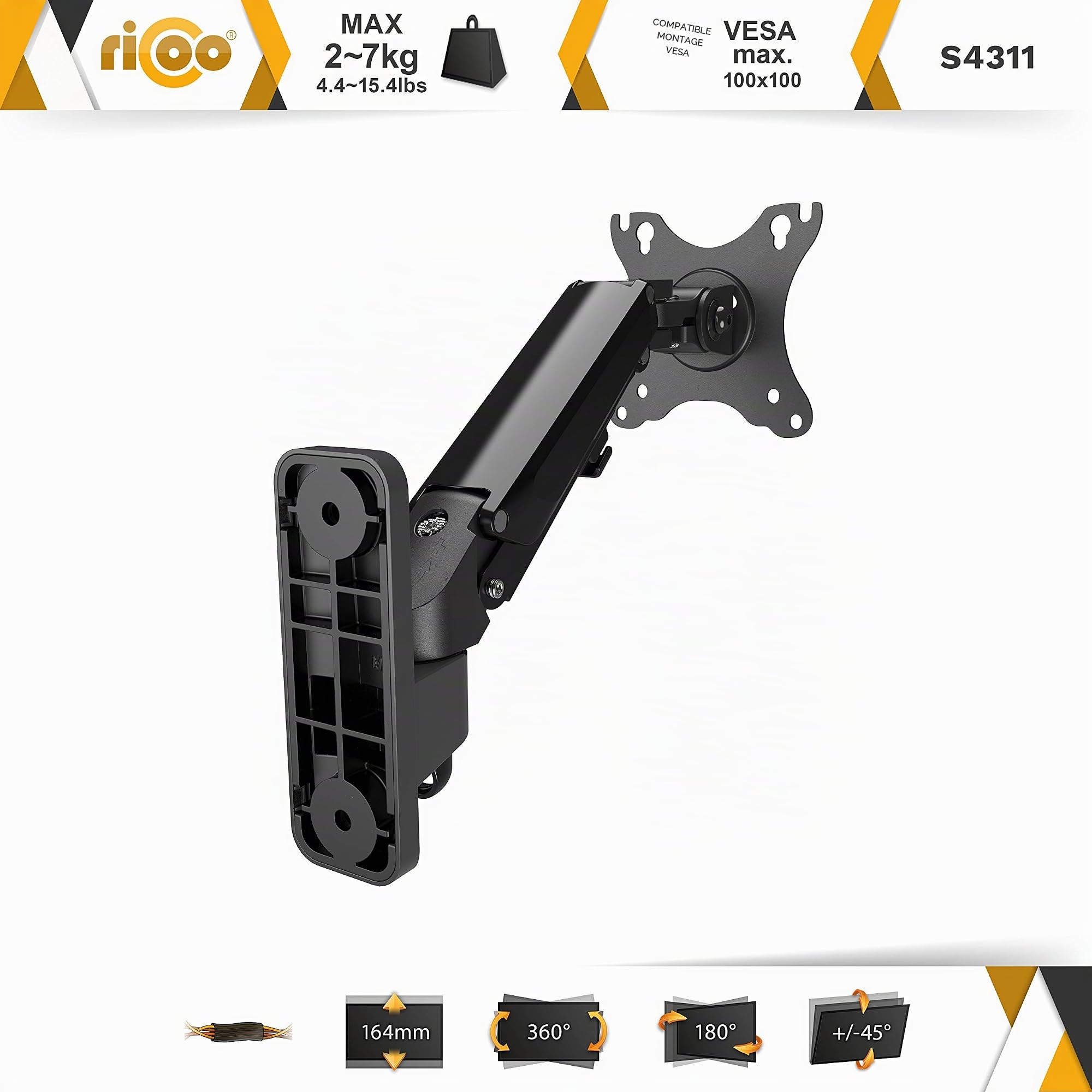 RICOO S4311 Support Mural Écran PC TV 13 17 19 22 24 27 28 32 Pouces VESA 75x75 100x100 Orientable Inclinable Rotatif Universel Fixation Murale TV QLED OLED LED LCD Écran incurvé