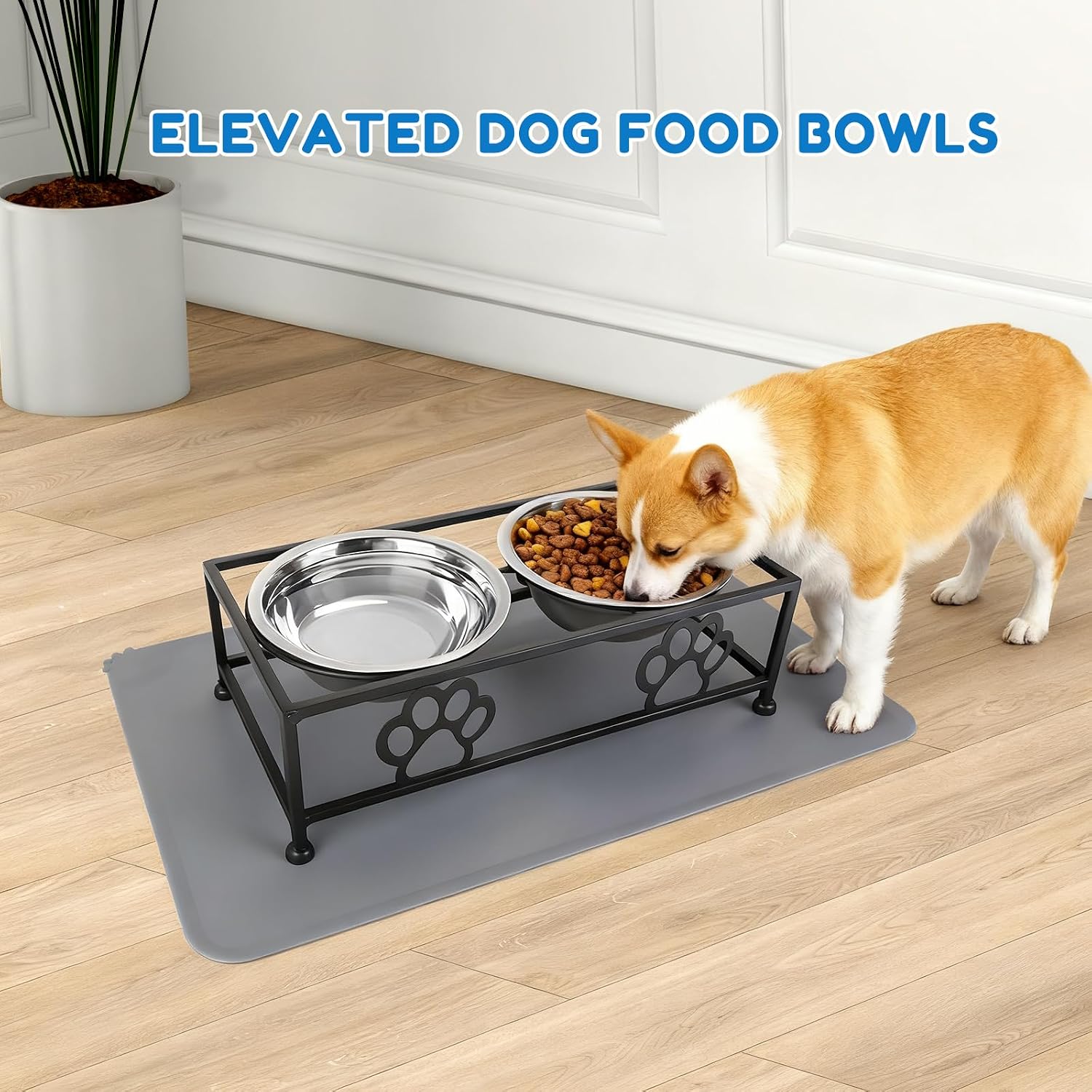 Elevated Cat Dog Bowls 2 Pack Raised Cat Dogs Bowls Stand with Non-Slip Slicone Mat Stainless Steel Elevated Pet Feeding Station (Black)
