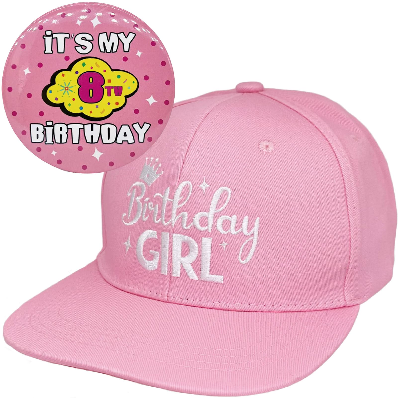 Happy 8th Birthday Girl Gift Set - Pink Baseball Hat With Adjustable Snapback & Matching Birthday Badge Pin For 8 Year Old Party