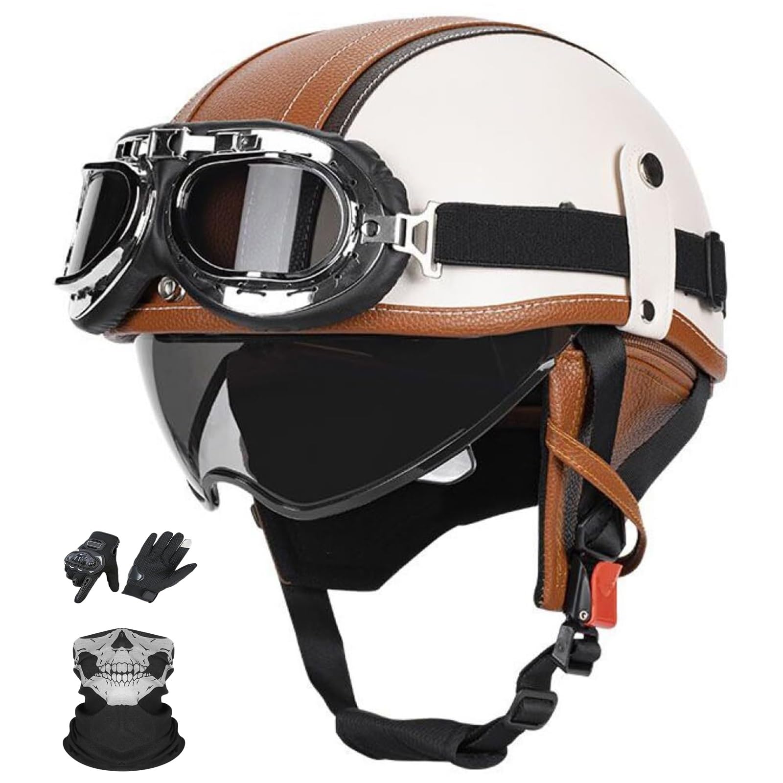 Kask Motocyklowy Typu Orzeszek Skóra Retro, Vintage Cruiser z Blendą Przeciwsłoneczną, ECE 22.06, Skorupa Anti-Mushroom z Goglami, Rękawicami i Maską