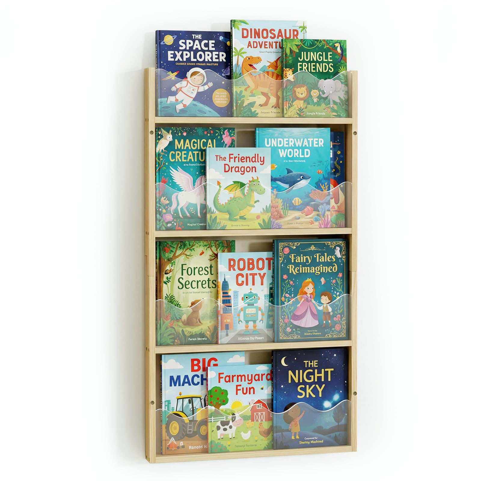 Étagère Murale 4 Niveaux Chambre d'enfant Bois & Acrylique - Étagère à Livres Flottante Chambre Bébé, Étagère Montessori Murale, Rangement Livres Enfant, Organisateur de Jouets & Livres