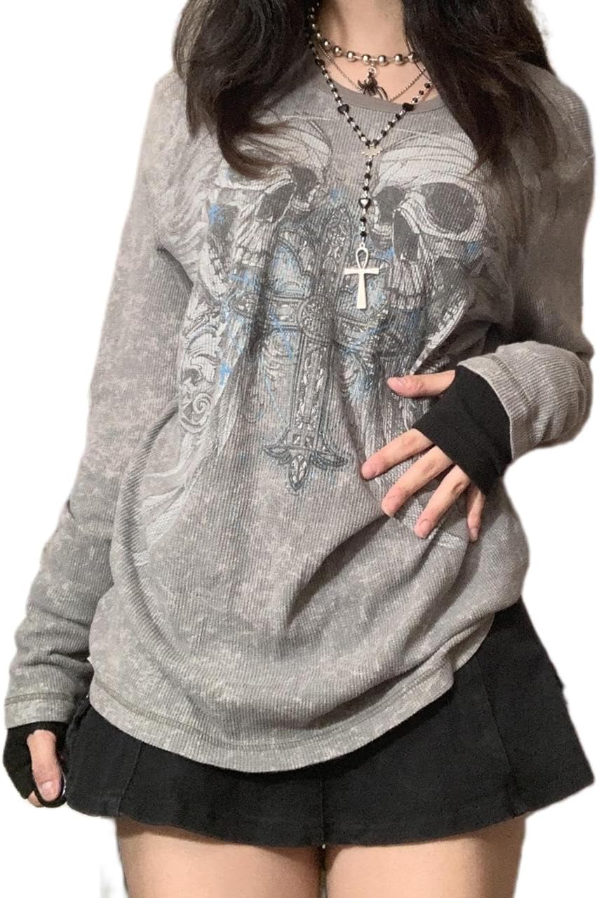 Grunge Gothic Clothes for Women Graphic Tees Y2k Fairy Long Sleeve Tops 2000s Baggy T-Shirts Emo Aesthetic Clothes