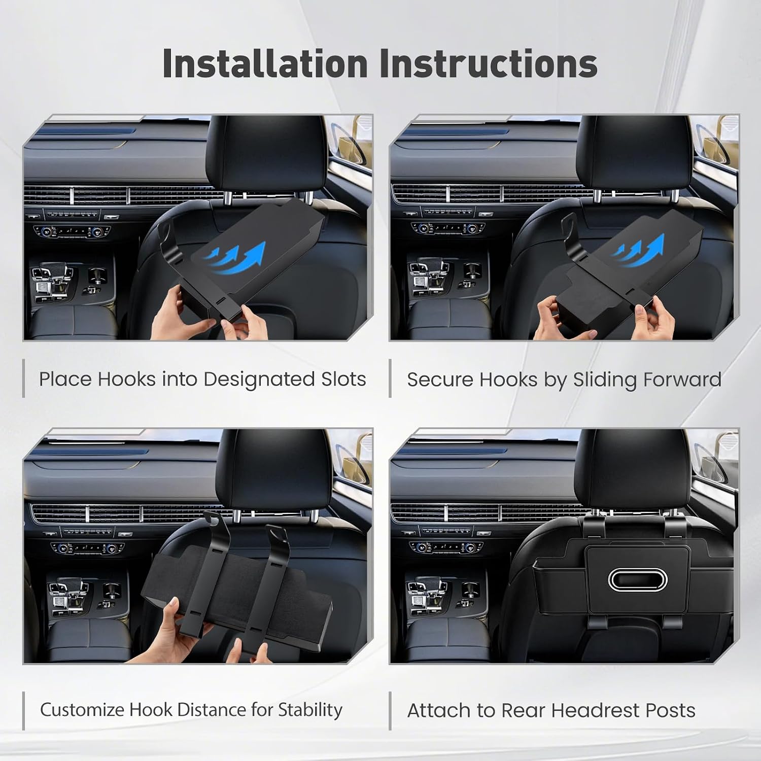 2 Pack Back Seat Car Organizer, Multifunctional Car Organizer Seat Back, with Tissue Box Holder, 2 Cup Holders & 2 Cup Hooks for Phone, Drinks, Toy, Snacks for Keeping Cars Tidy, Fits Most Vehicles