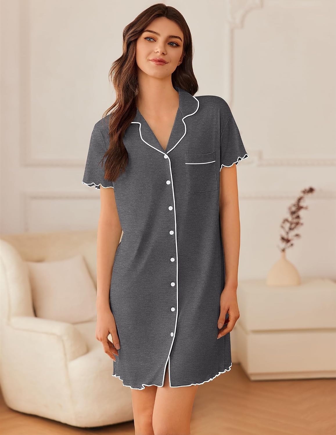 Ekouaer Nightgowns for Women Button Down Sleep Shirt Short Sleeve Sleepwear