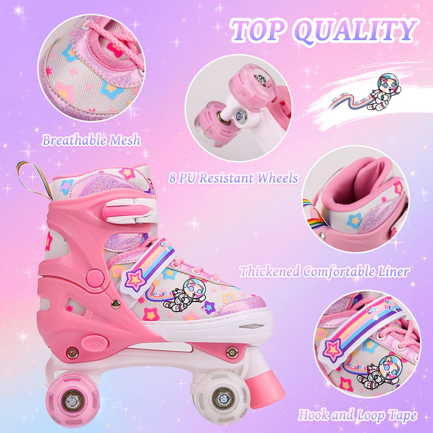 Roller Enfant Fille, Patin a Roulette Fille Enfant, Roues Lumineuses, Rollers pour Enfants 4 Taille Réglable pour débutants, Rollers Quad pour Filles et garçons