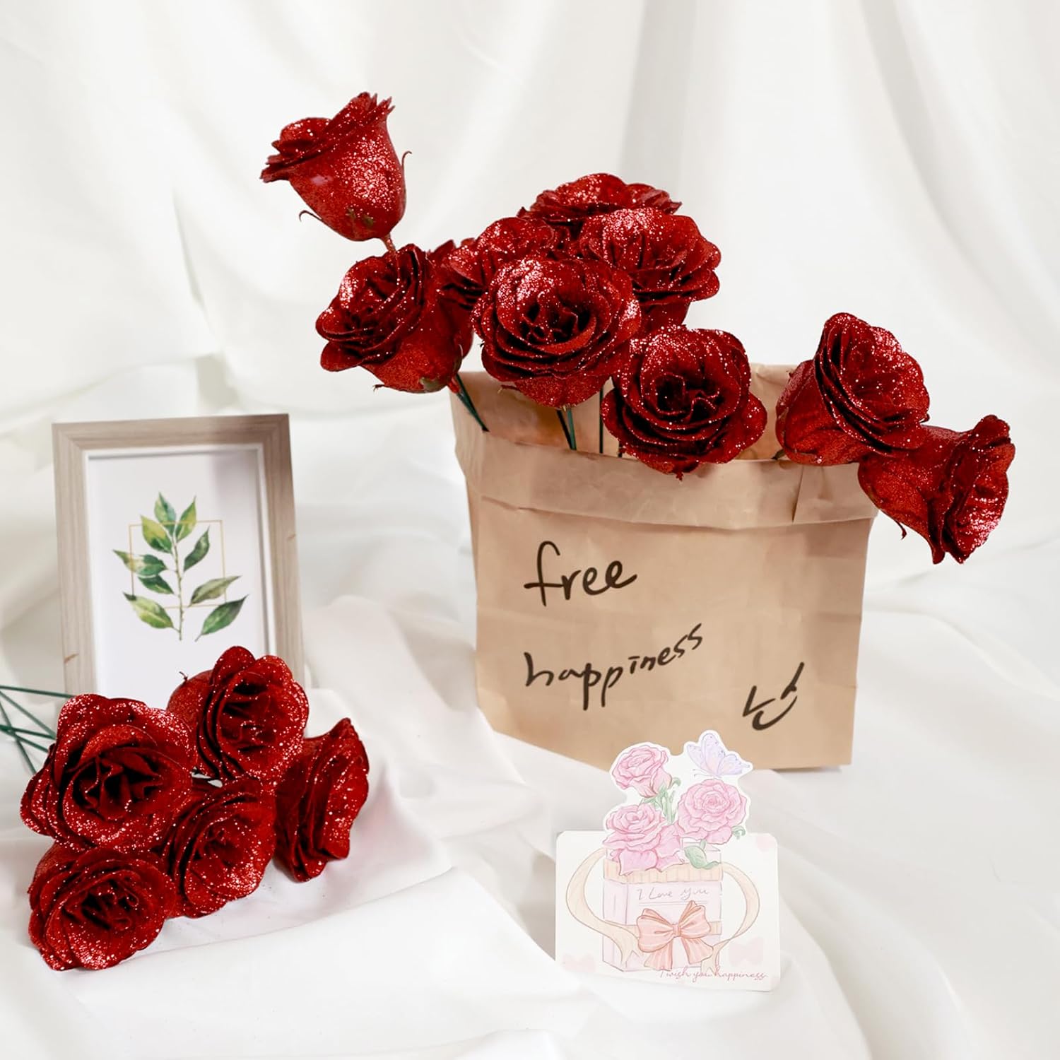 Glitter Roses Bouquet, Shiny Artificial Roses Flowers with Stems DIY Fake Glitter Flowers Bouquet for Valentines Mothers Day Graduation Birthday Anniversary, 24 Roses (Red) - Image 5
