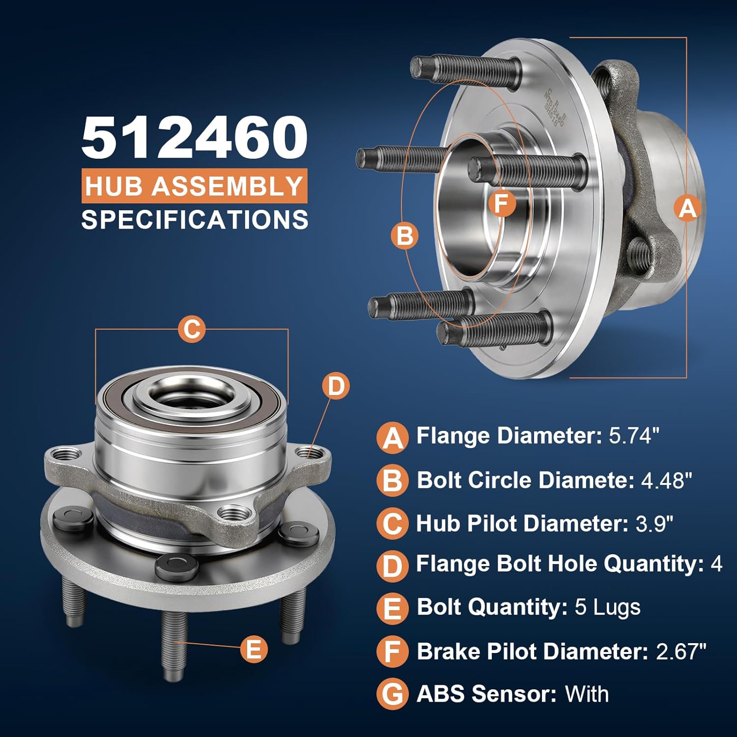 512460 Front or Rear Wheel Bearing Hub Assembly Compatible with Ford 2011-2019 Explorer, Front or Rear Side, 2013-2019 Police Interceptor Utility, Front or Rear Side with 5-Lug ABS HA590446
