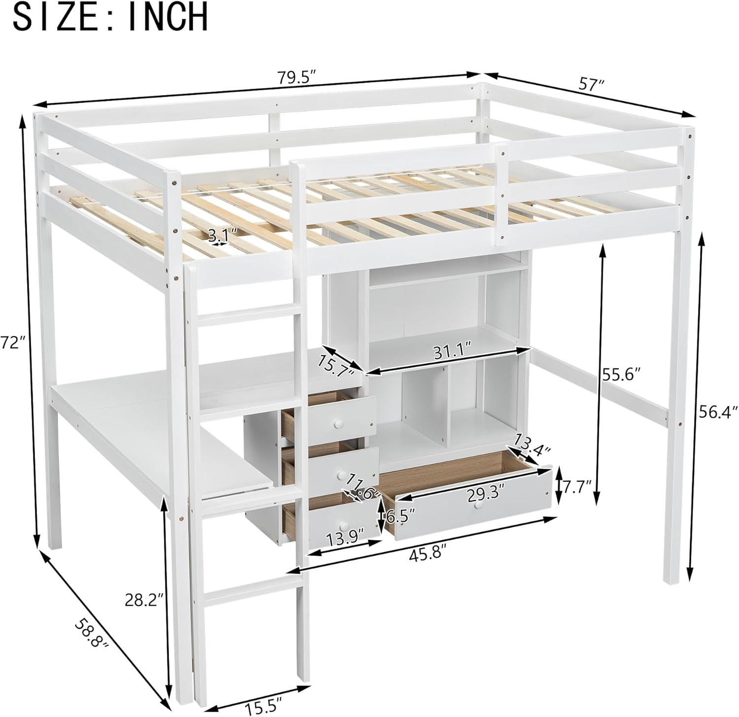 Full Size Loft Bed with Desk & Storage Shelves & Storage Drawers for Kids,Teens,Adults,High Loft Bed with Built-in Ladder & Guardrails,Space Saving,White