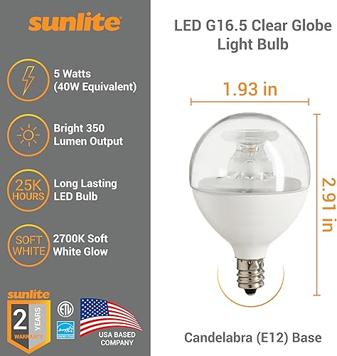 Miniatura 9 de Sunlite Bombilla LED G16.5 40295, 5 vatios (equivalente a 40 W), 350 lúmenes, blanco suave de 2700 K, regulable, base de candelabro E12, bombillas