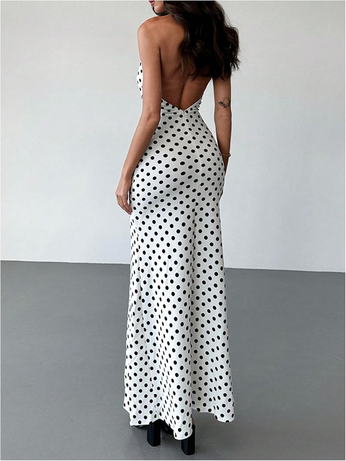 WDIRARA Women's Polka Dots Halter Dress High Split Deep V Neck Backless Bodycon Maxi 3D Flower Dresses - Image 3
