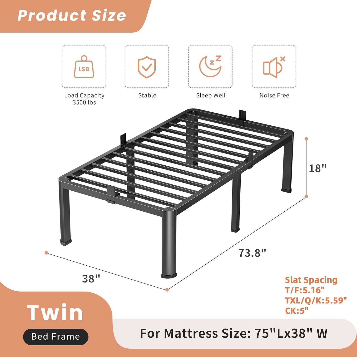 18 Inch Twin Heavy Duty 3500 lbs Bed Frame with Round-Corner Legs & Anti-Squeak Design – Quick Assembly Metal Platform, No Box Spring Needed - Image 3