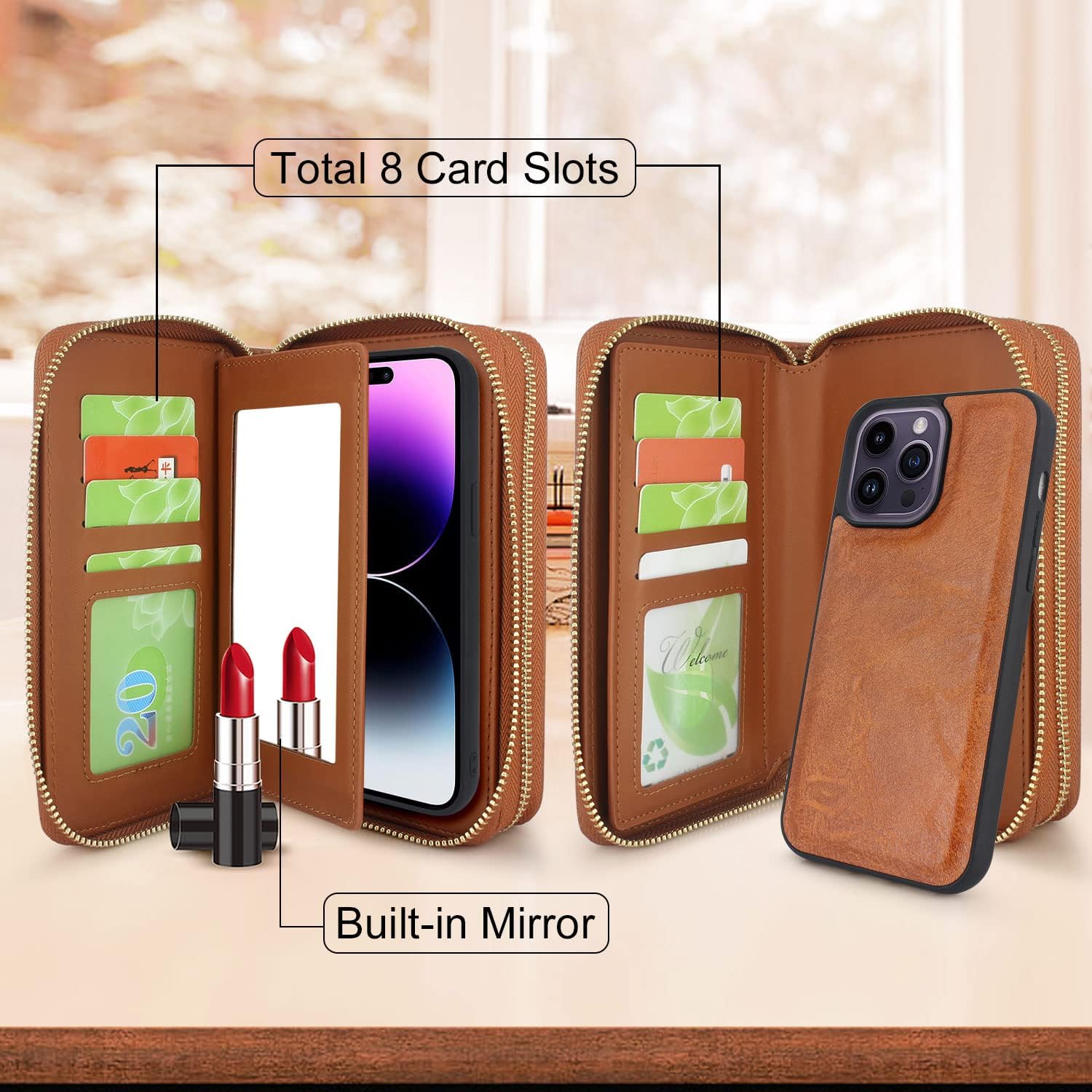Harryshell Compatible with iPhone 14 Pro Max 6.7 inch 2022 Case Wallet Multi Zipper Detachable Magnetic Cover Purse Bag with Card Slots Mirror Crossbody Chain Wrist Strap (Light Brown)