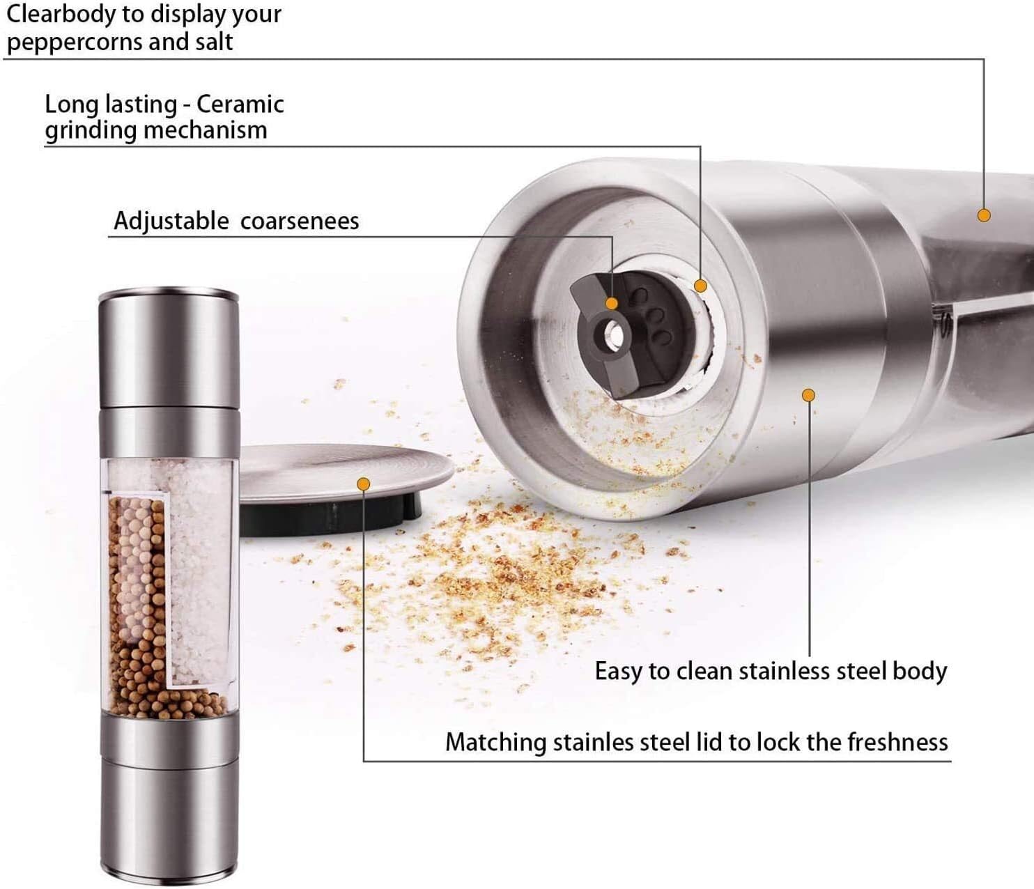 Salt and Pepper Grinder Set Pepper Grinder Refill Stainless Steel Salt Pepper Grinder Mill 2 in 1 Manual Mill Shakers Refillable with Dual Adjustable Coarseness and Clear Acrylic Body