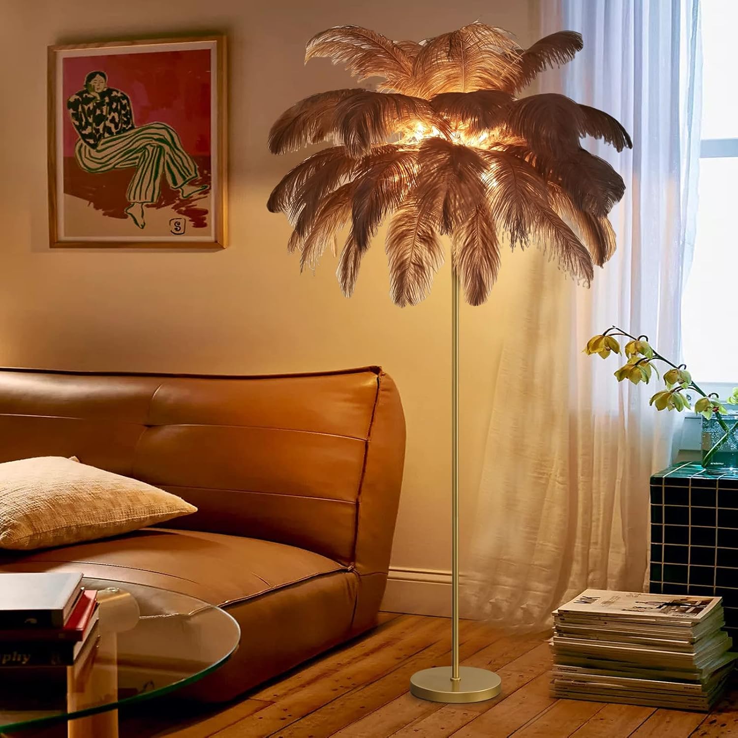 Natural Ostrich Feather Floor Lamp, Gold and Curry Atmosphere With Eye Protection Reading Lamp for Bedroom, Living Room Corner Decoration , (Curry), Brown