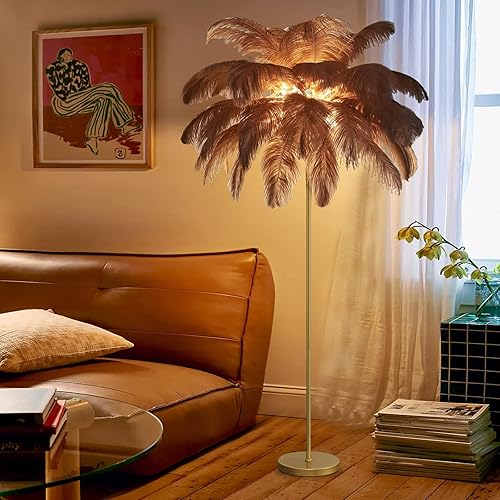 Lámpara de pie de plumas de avestruz natural, lámpara de pie de plumas doradas para decoración de sala de estar, lámpara de pie de esquina con