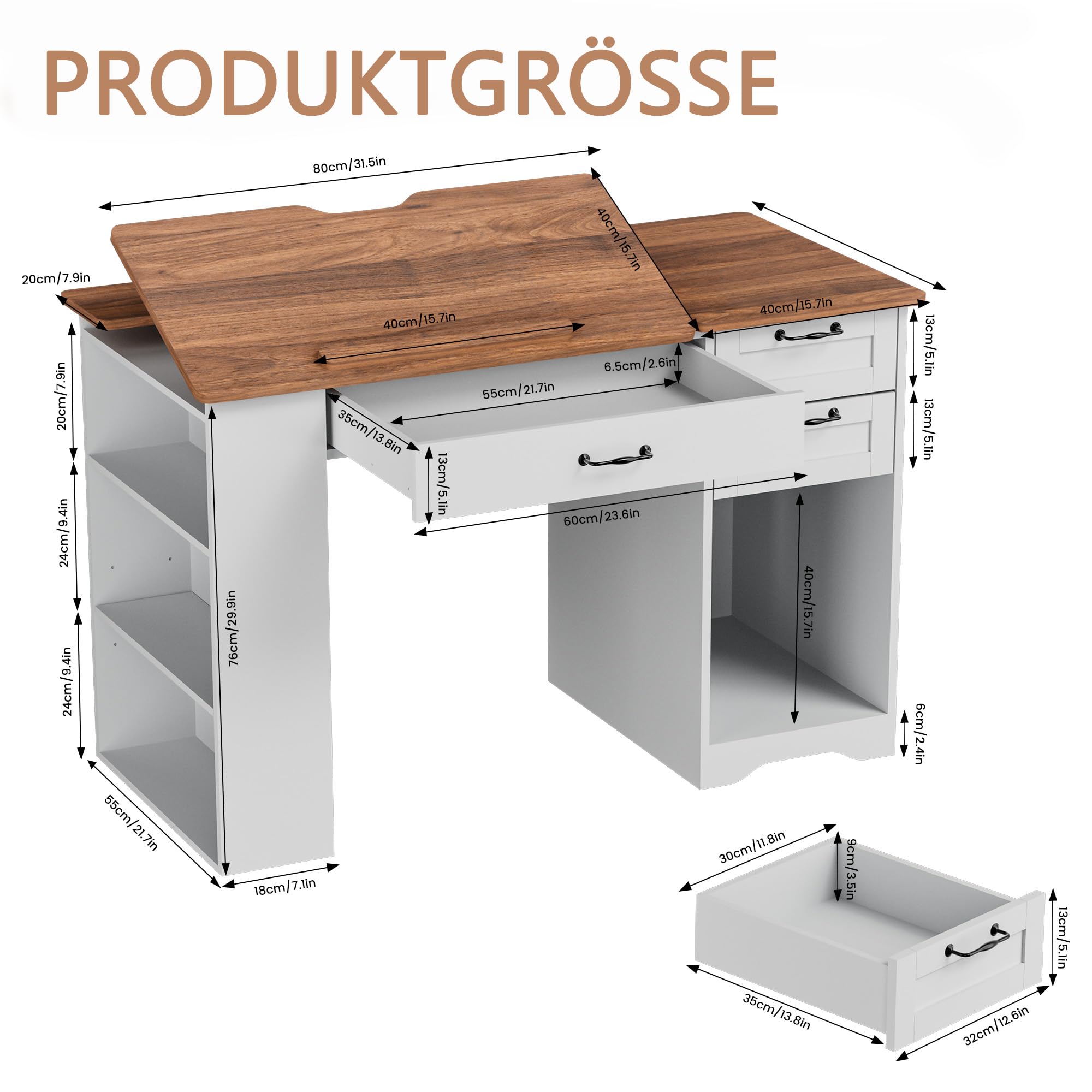 Zeichentisch mit Aufbewahrungsschrank und Schubladen, Verstellbarer Zeichentisch mit offenen Regalen, Kunst- und Handwerkstisch für Künstler, Maler