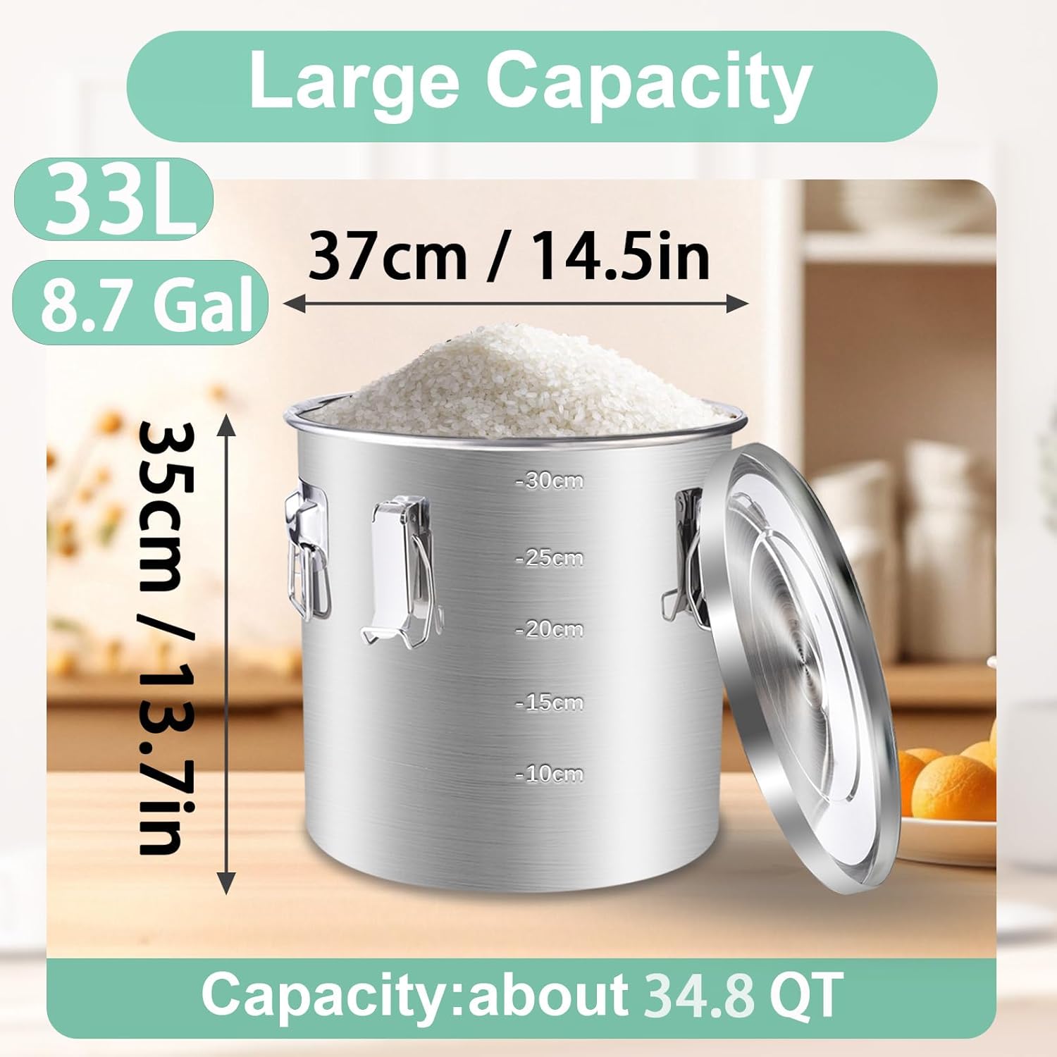 Airtight Stainless Steel Container, Stainless Steel Bucket with Lid, Food Storage Airtight Containers for Rice Flour Sugar Grain Coffee Bean Storage Containers Kitchen Jar (8.7gal/33L)