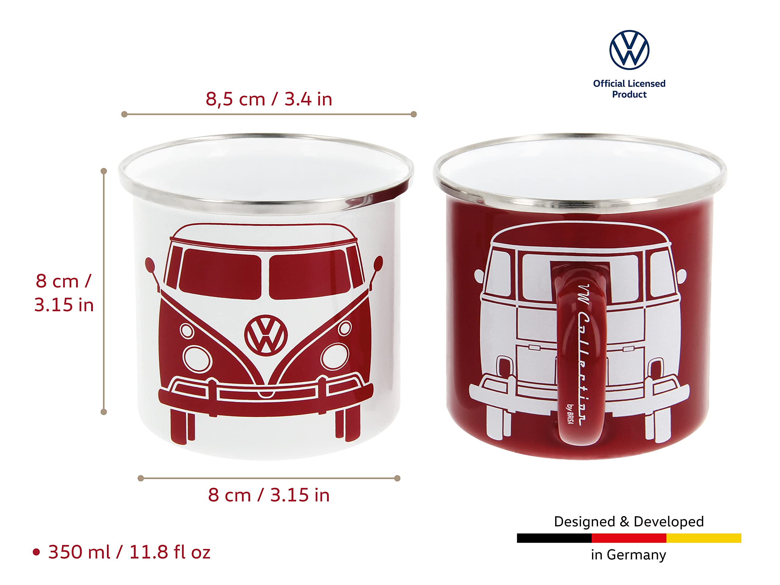 BRISA VW Collection - Volkswagen 2-Piece Enamel Coffee-Tea Mug Cup Set for Camping & Outdoor T1 Bus (White/Red) - Image 3