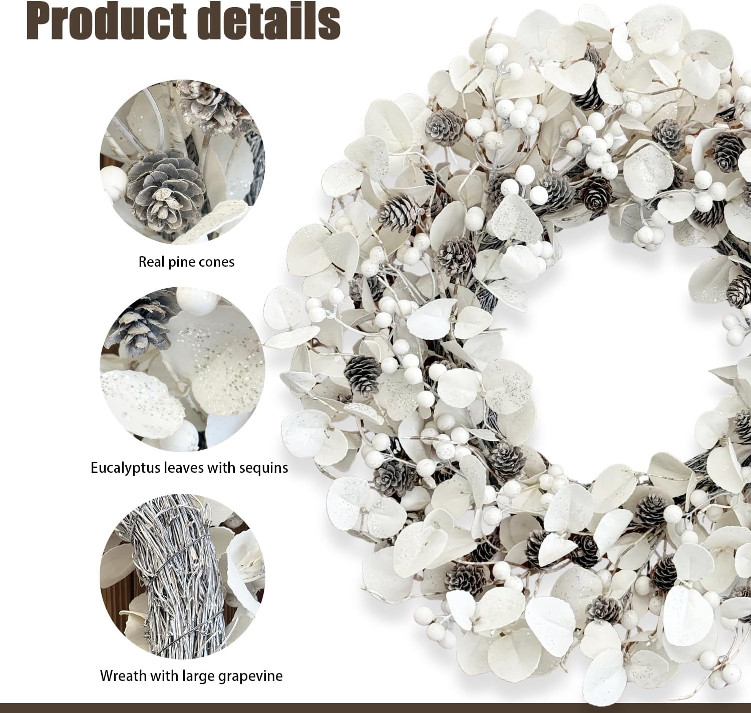 TOKCARE Winter Wreaths for Front Door, 22 Inch White Christmas Wreath with Pinecones and Berries Eucalyptus Wreath for Fireplace Xmas Decorations,Front Porch Decor and Wall Window Decor