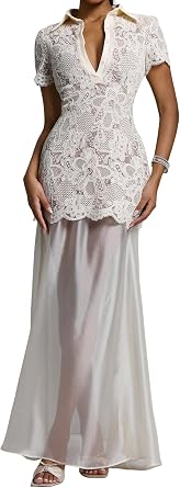 BELLA BARNETT Collared Short Sleeve Lace Two Piece Maxi Skirt Set for Women V Neck Buttoned Flowy Formal Guest Party Outfit