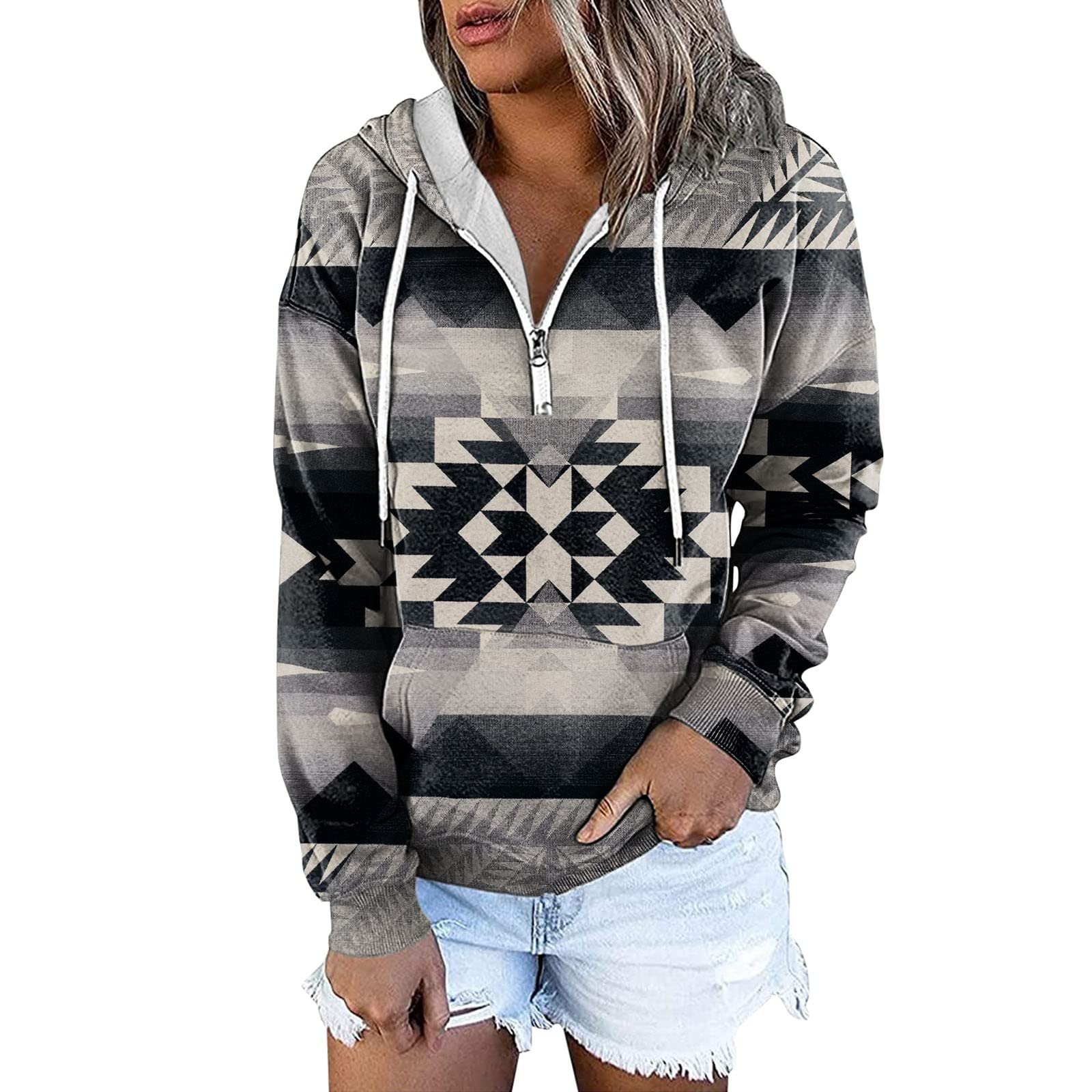 Women's Aztec Hoodie, Western Ethnic Style Geometric Printed Drawstring Fall Loose Pullover Tops with Pockets
