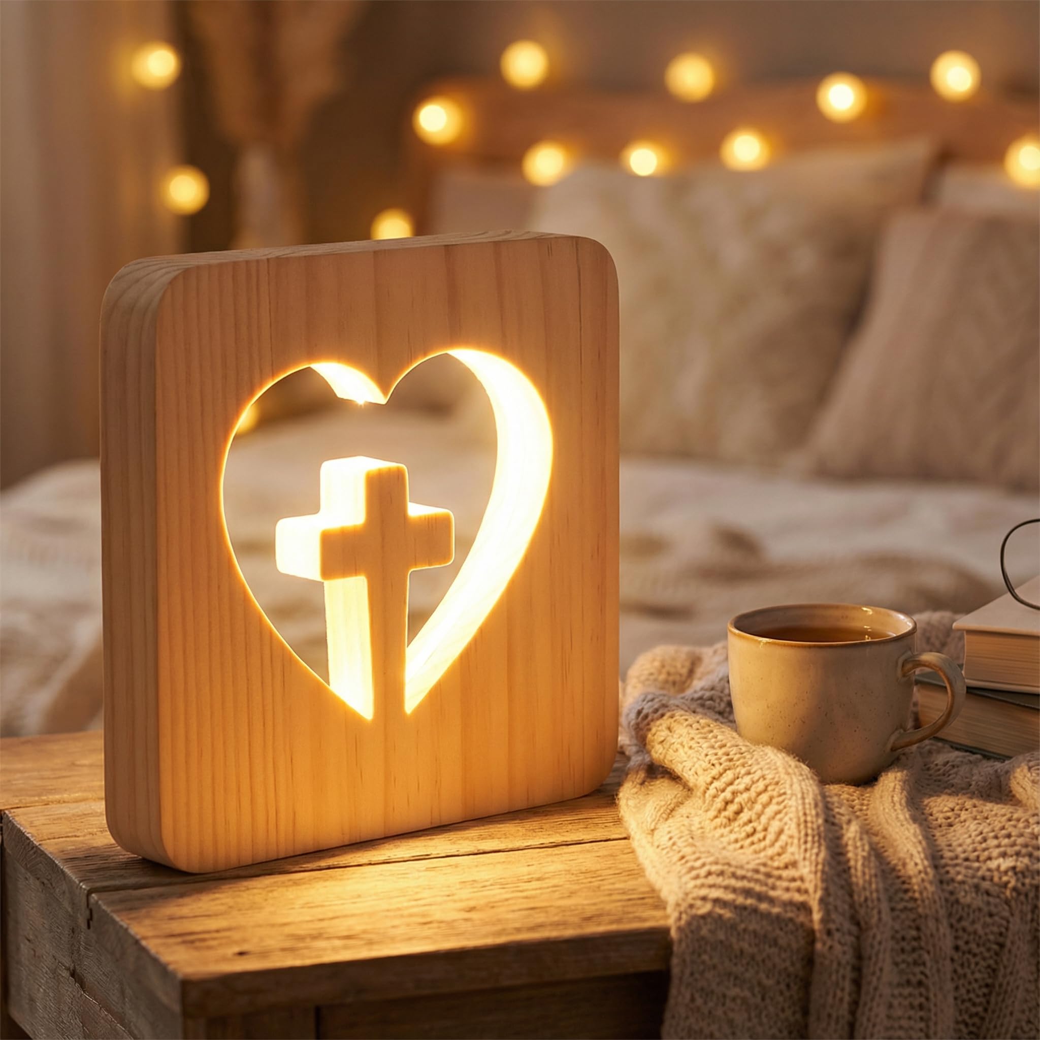 Lámpara de Mesa Cruz Madera – Luz de Noche Infantil Quitamiedos LED Cálida – Lámpara Cubo Cuadrada Decoración Religiosa Moderna – Regalo Original Primera Comunión Niña y Niño, Bautizo y Bebé
