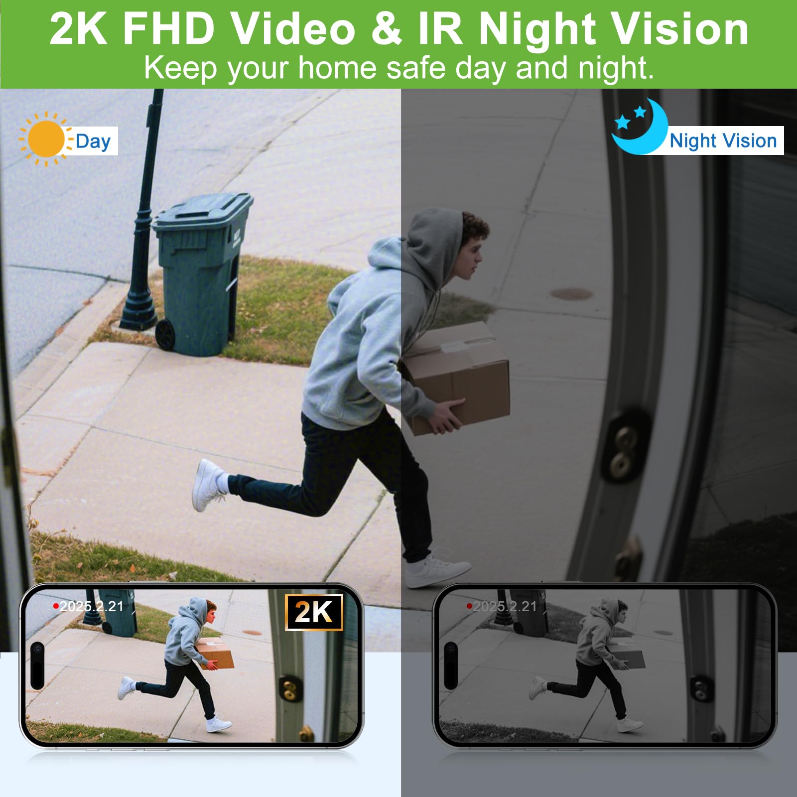 Videocitofono wireless con campanello, vista dalla testa ai piedi, 2K HD, Smart WiFi, campanello con fotocamera, funzionamento a batteria, rilevamento del movimento, visione notturna, supporto audio a