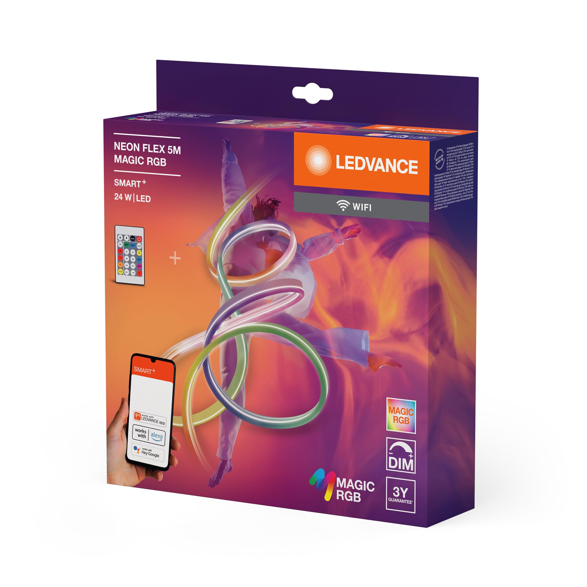 LEDVANCE SMART WIFI NEON FLEX MGC RGB RC striscia LED colorata per esterni con tecnologia WiFi e distribuzione omogenea della luce; dimmerabile; bianco; silicone; 5 m; lampadina non sostituibile