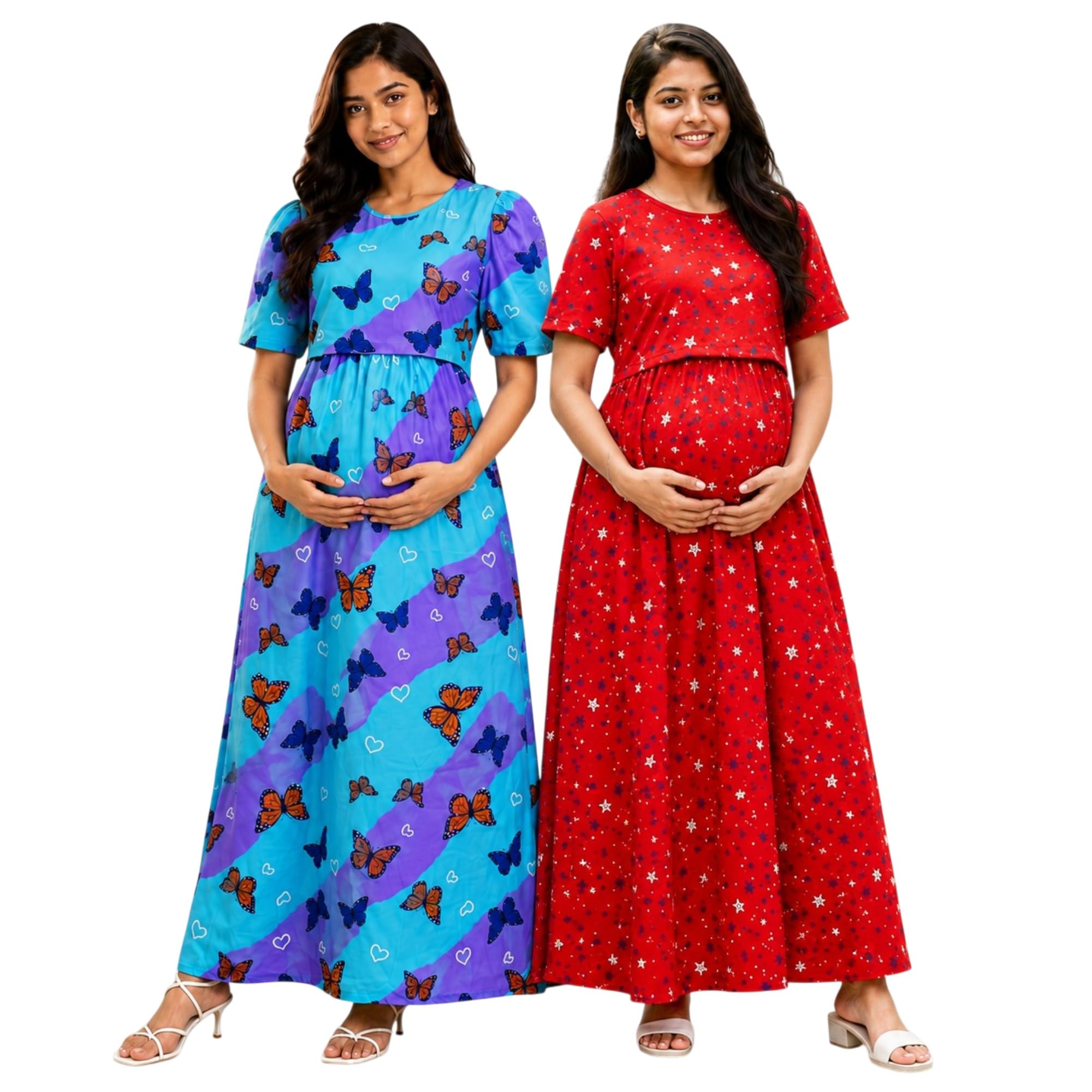 RENIS.Store Women's 100% Cotton Zipless Feeding Maternity Nighty Pack of 2 | Pull Up Nursing Night Dress, Feeding Wear Back Tie with Side Pocket | Sky Blue & Red Color | Size - l-image-32