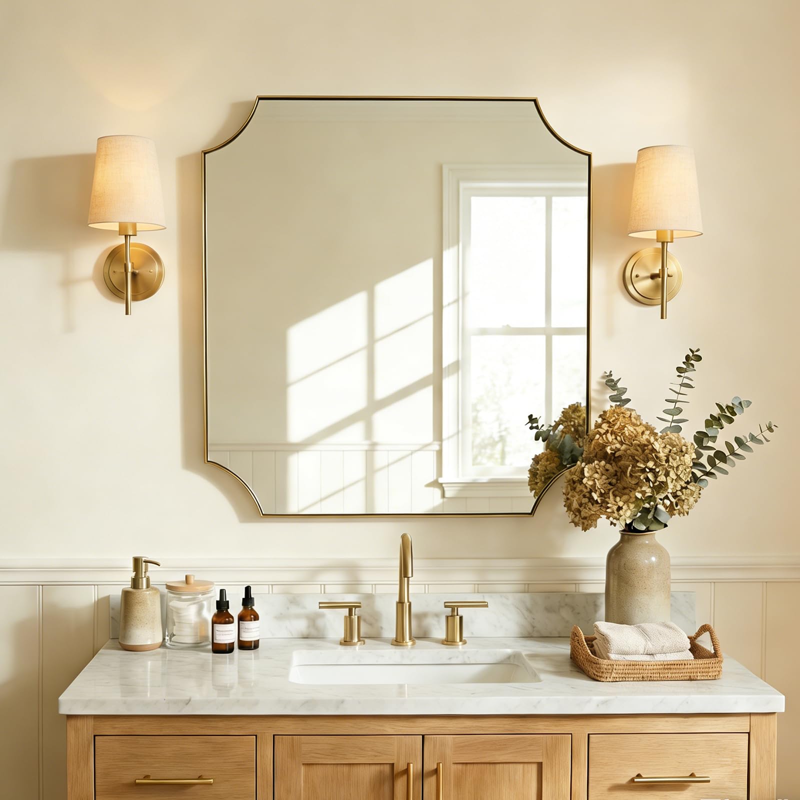 Photo 1 of ANDY STAR 30"x30" Gold Vanity Mirror, Square Bathroom Mirror, Antique Brushed Brass Scalloped Mirror in Rust-Proof Stainless Steel Frame, Unique Scalloped Corner Design Ideal for Bathroom Remodel