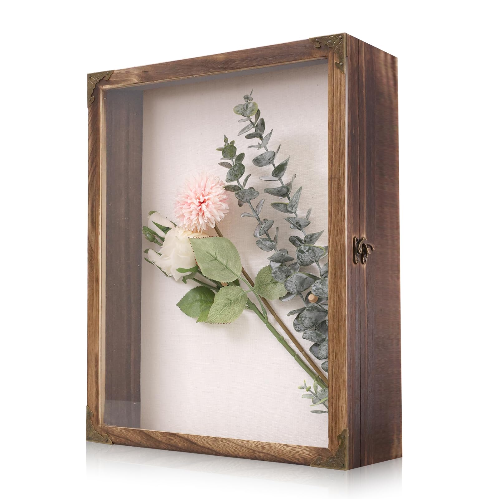 Shadow Box Frame 13x16, Large Memory Display Case with Retro Metal Corner Accents, Carbonized Wood Frame, Linen Back, and 10 Wooden Push Pins for Photos, Medals, Bouquets, and Keepsakes