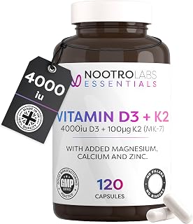 Essentials Vitamin D3 4000 iu and K2 Capsules, Daily Vitamin D Supplements with Zinc and Magnesium for Joint Care, Bone & Heart Health and Immune Support (60 Servings - 2 Month Supply)