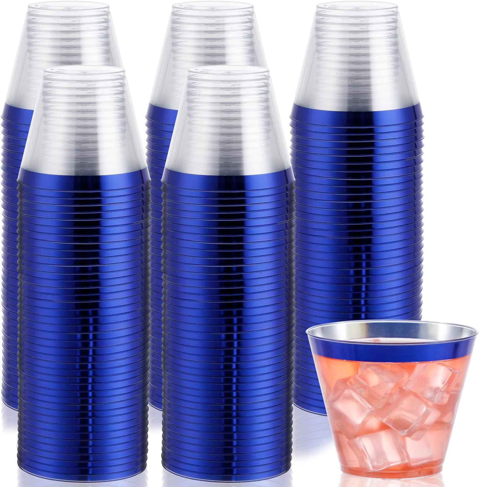 DaYammi120Pcs 9 Oz Blue Plastic Cups Disposable Clear Plastic Party Cups with Blue Rim Heavy Duty Disposable Wine Glasses Fancy Hard Drinking Tumblers Plastic Cocktail Cups for Wedding Party