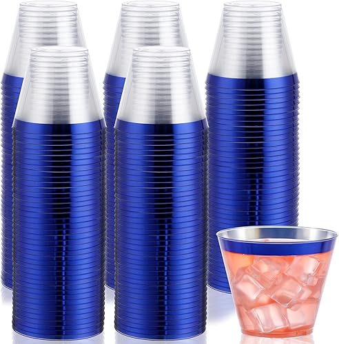 DaYammi 120 vasos de plástico azul de 9 onzas desechables de plástico transparente para fiestas con borde azul, copas de vino desechables
