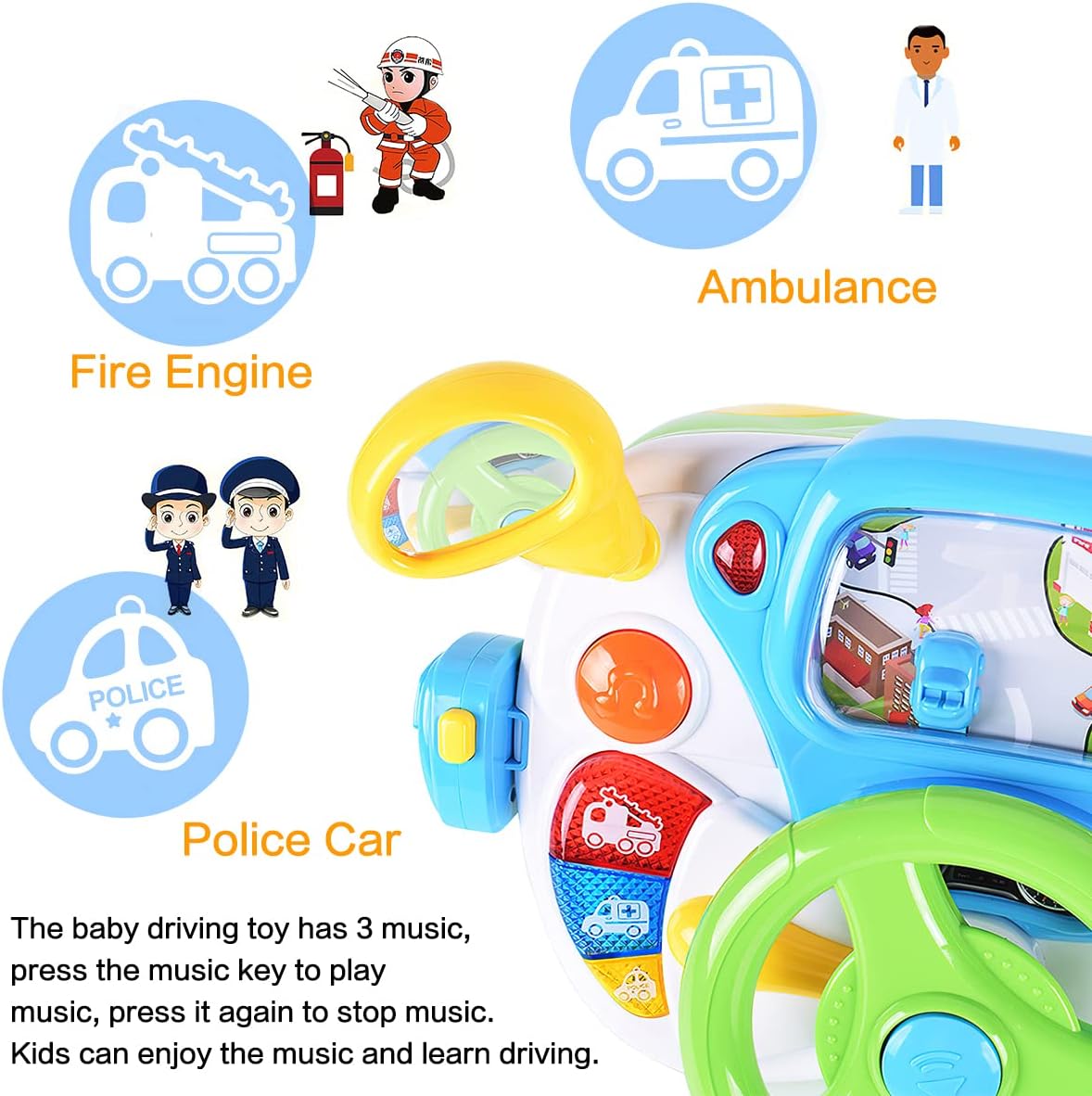 fisca Toddler Steering Wheel Toy Baby Interactive Learning Toy for Toddler 1-3 Year Old, My First Driving Educational Baby Musical Toys with Light and Sound for Preschool Kids