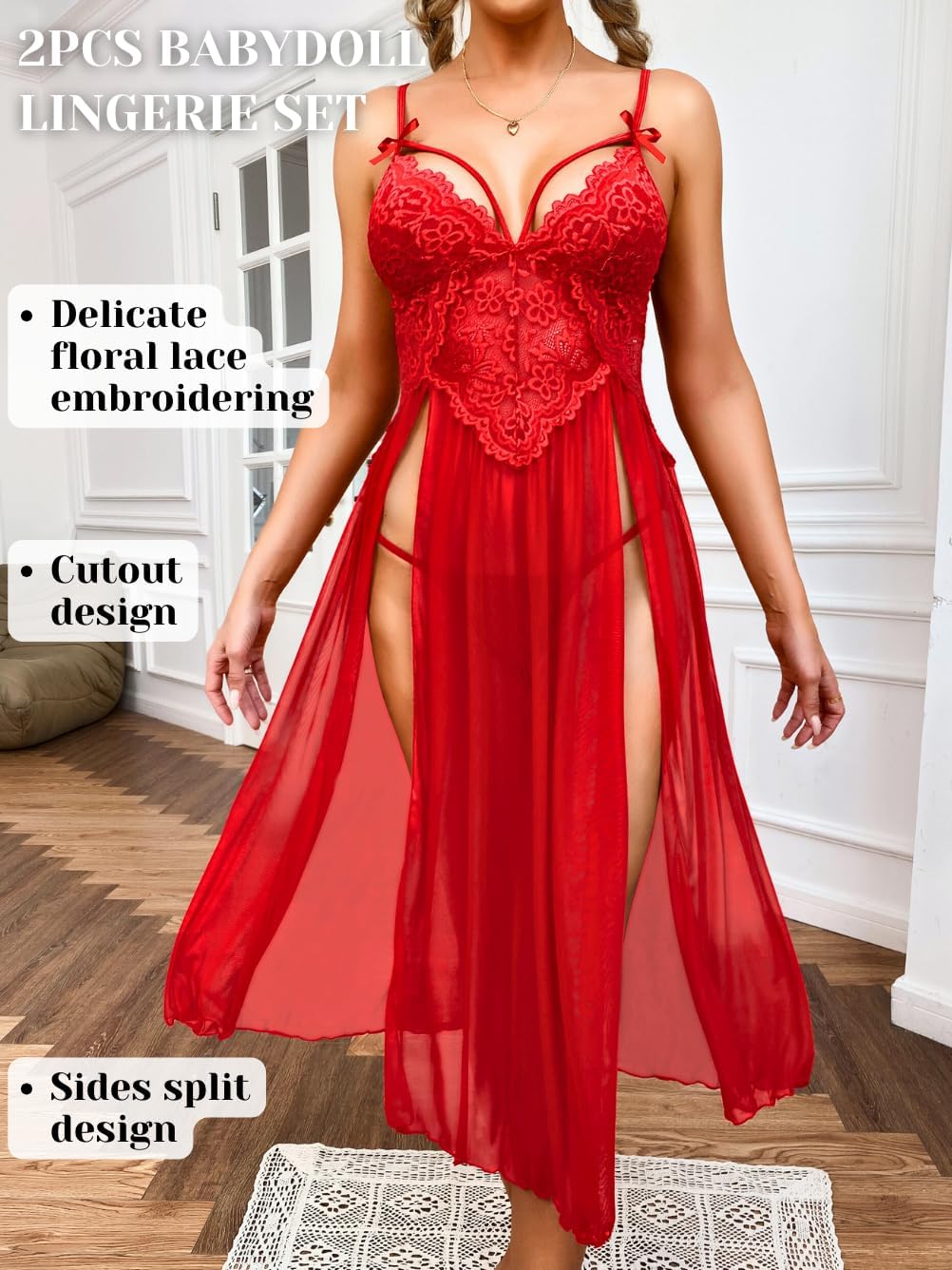 EHSUYAB Womens Sexy Long Nightgowns, Floral Lace Flowy High Slit Exotic Lingerie Dress, Sheer Mesh G String Babydoll Boudoir