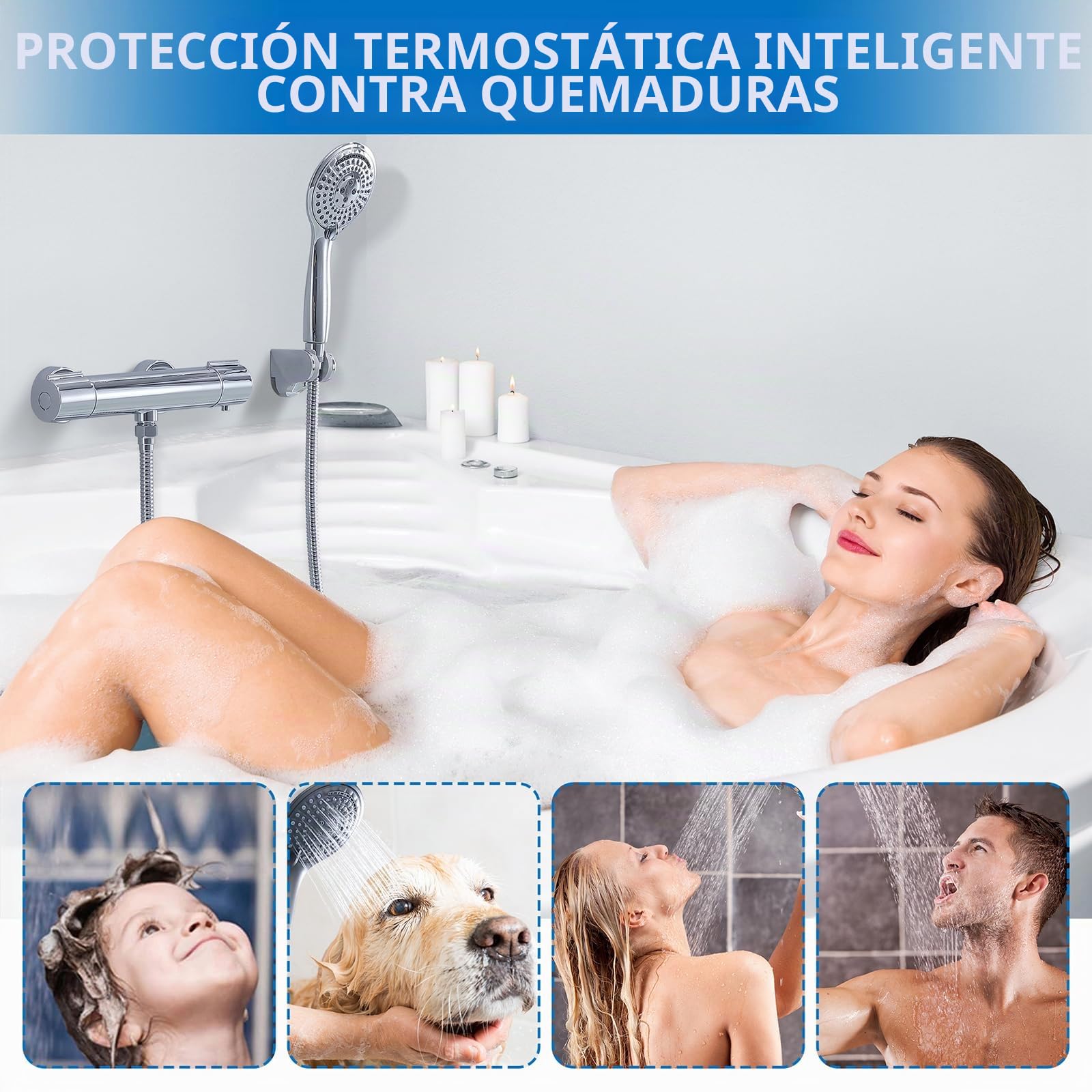 HOMELODY Grifo de ducha con termostato – Grifo mezclador de pared con botón de seguridad de 38 °C, cromo, grifo mezclador de ducha, termostato, de acero inoxidable