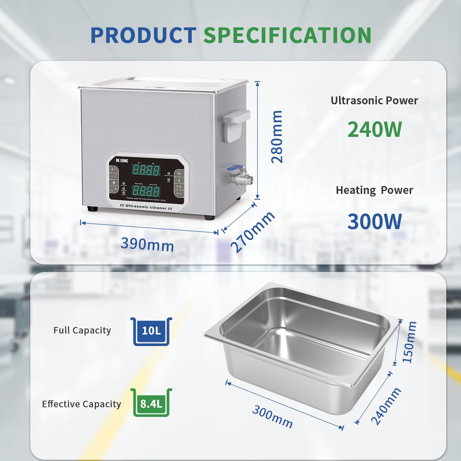 DK SONIC 10L Ultradźwiękowy środek czyszczący, 240 W do czyszczenia ultradźwiękowego, z funkcją sterowania dźwiękowego z zegarem i nagrzewnicą i koszem. Wszechstronne zastosowanie do silników