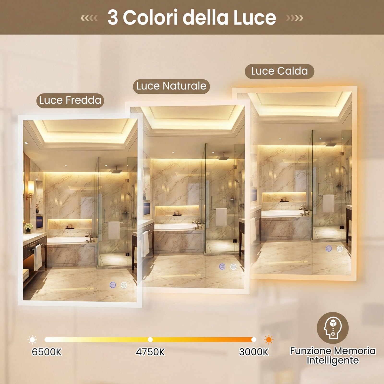 COSTWAY Specchio da Bagno LED 70 x 50 cm, Specchio da Parete Rettangolare con Anti-appannamento, Memoria, 3 Colori di Luce, Dimmerazione Continua e Vetro Temperato Infrangibile (70 x 50 x 3 cm)