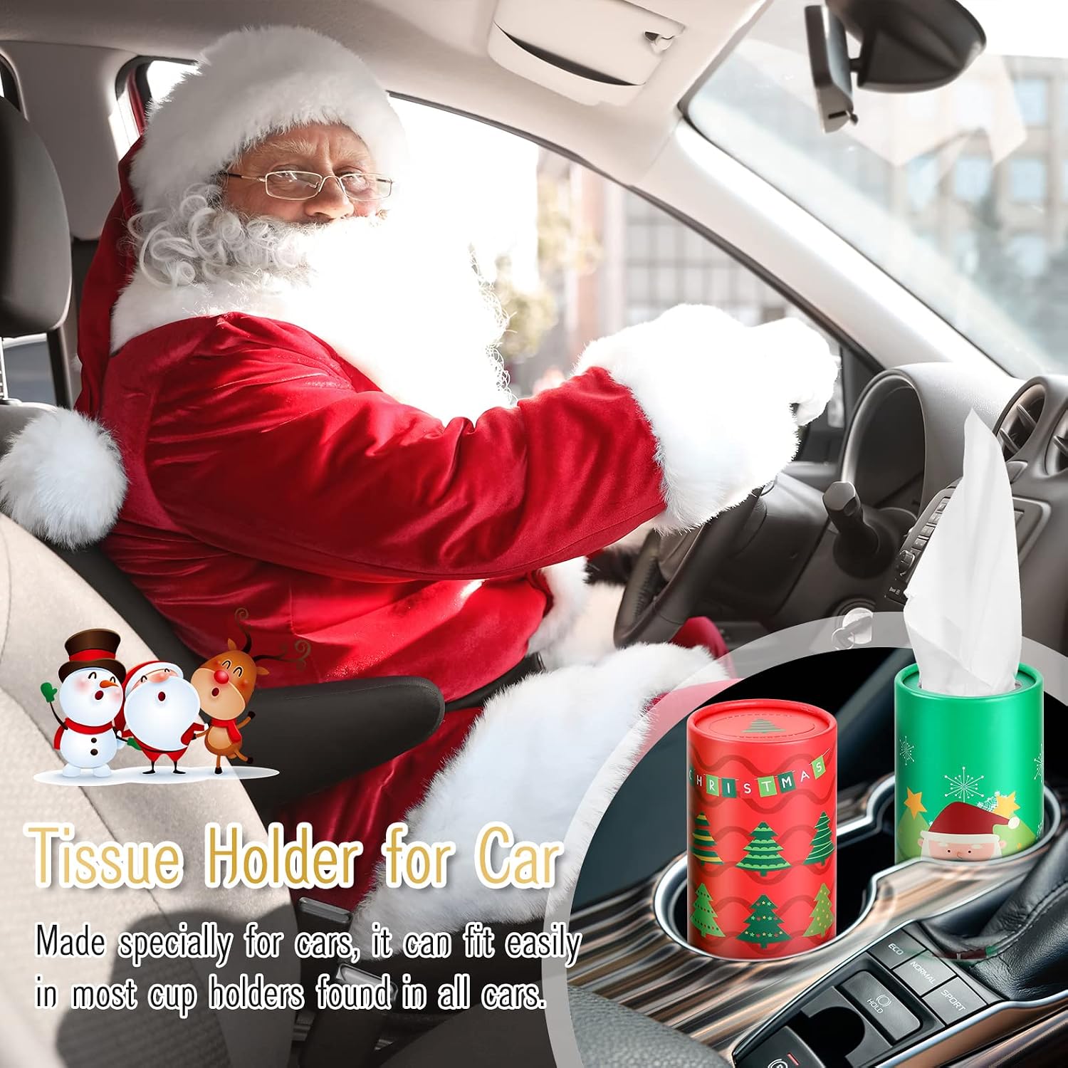 Yexiya 12 Pcs Christmas Car Tissue Holder with Facial Tissue Bulk Xmas Cylinder Car Tissues Boxes Round Tube Face Towel Holiday Napkins Box for Travel Home