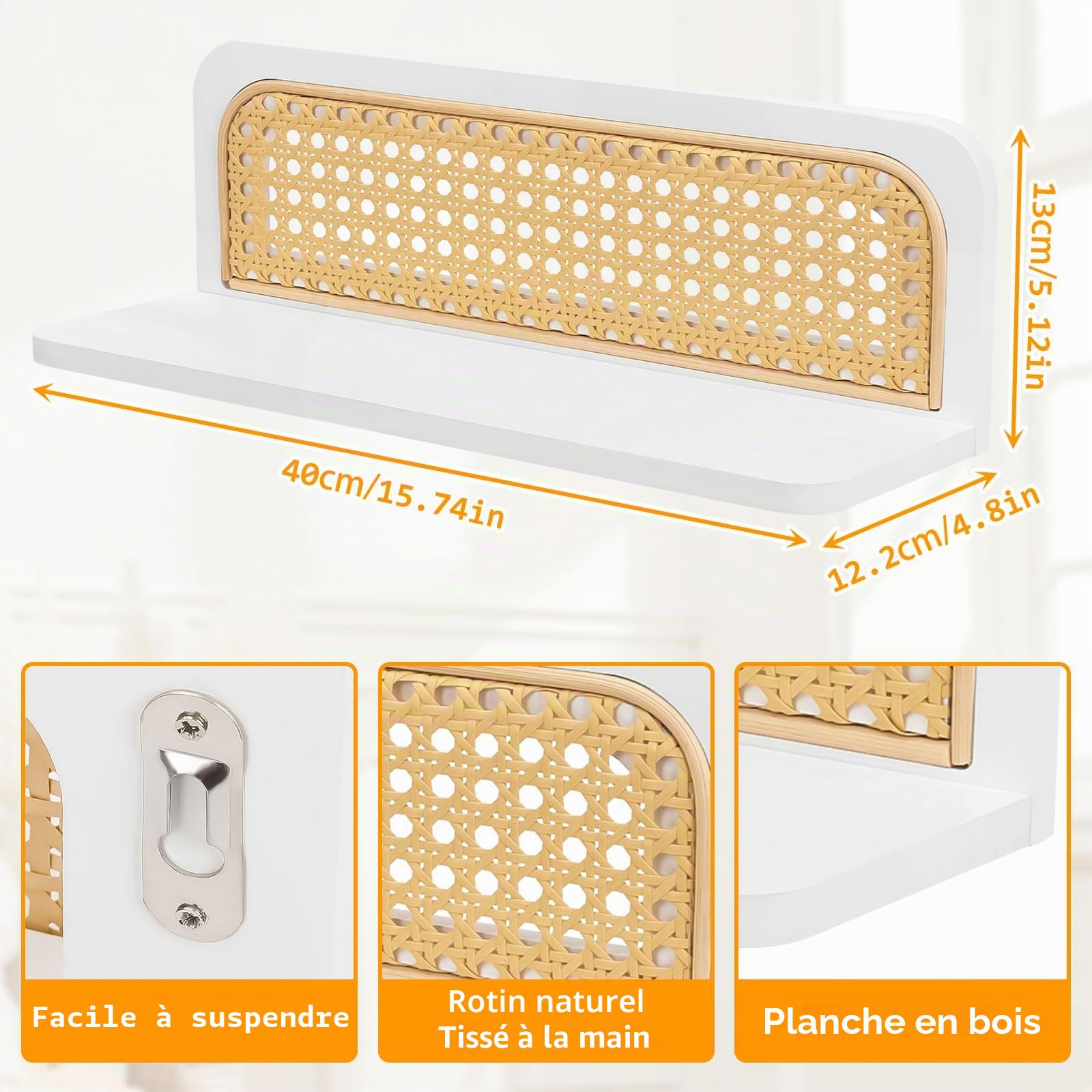 Lot de 2 étagères murales flottantes en rotin faites à la main pour salon, chambre d'enfant, chambre à coucher