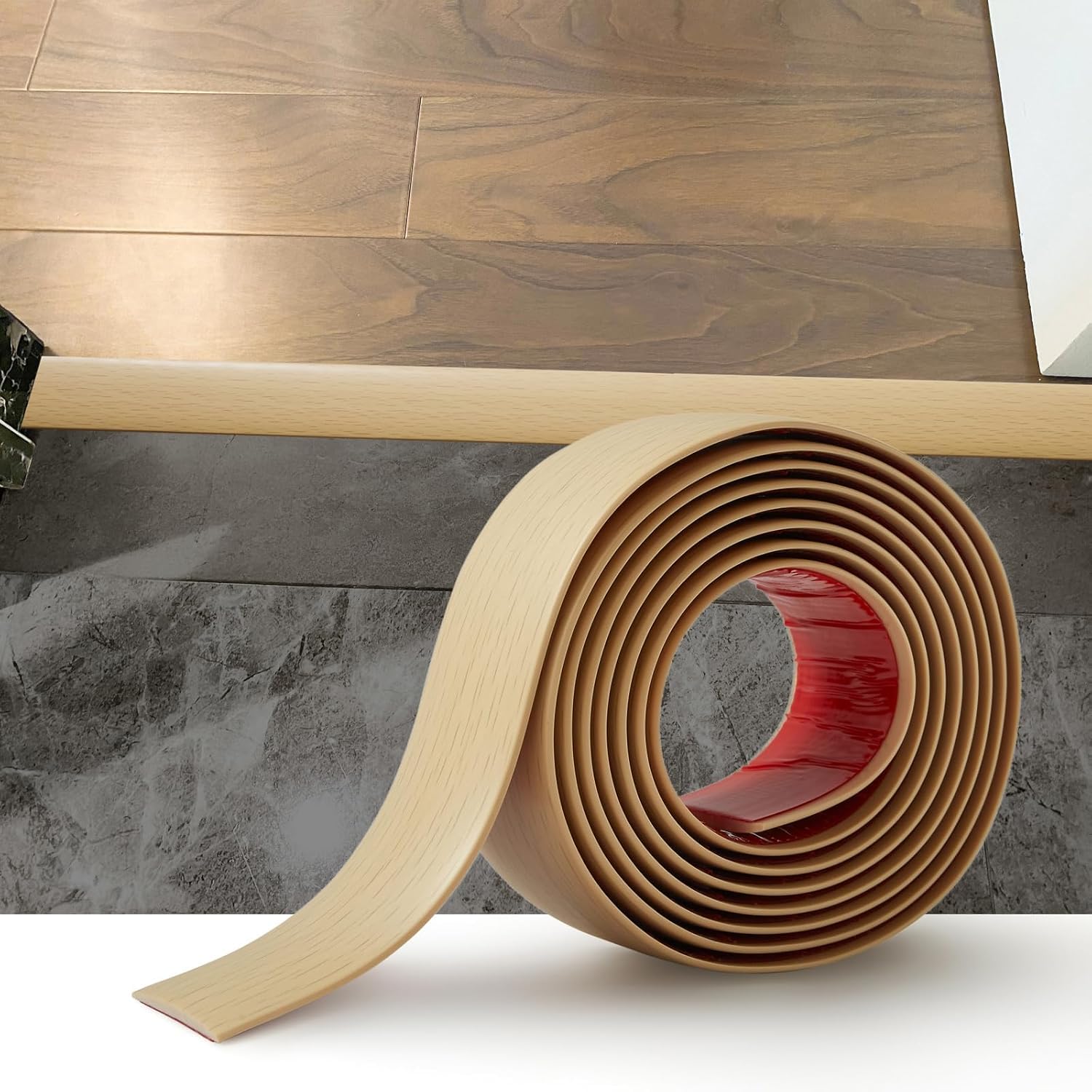 1.2M PVC Floor Transition Strip Laminate Floor Cover Strips Self Adhesive PVC Floor Door Divider Strip Flat Laminate Profile Flooring Edge Trim Joining Strip Door Bar(5cm,Beige Wood Grain) — image 1