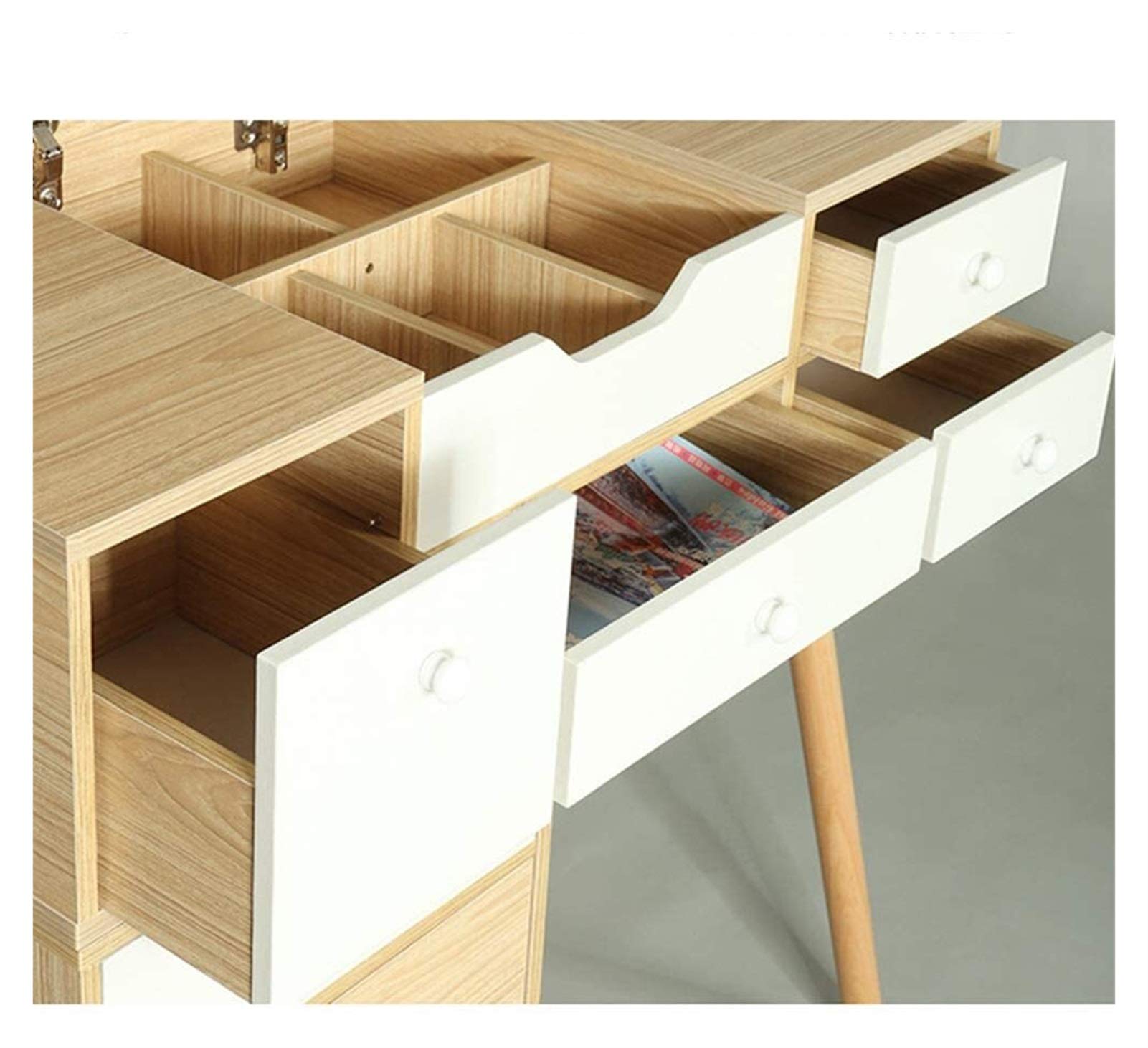 Set da Trucco in Legno Giallo con 5 Cassetti, Specchio A 3 Ante E Sgabello Imbottito: Elegante Tavolo da Trucco per Camera da Letto, Spogliatoio O Bagno.