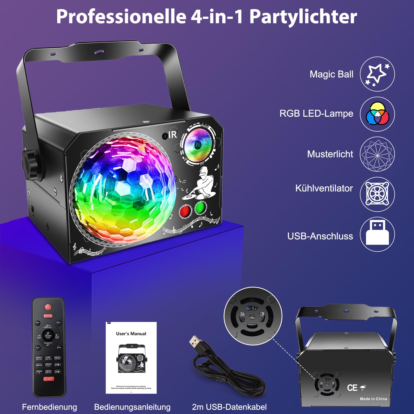 4 in 1 Discokugel, Fwiull DJ Discolicht Partylicht 65 Muster, Musikgesteuert Disco Party Licht, RGB UV Stroboskop, Sprachsteuerte Party Lampe mit 2M USB für Party Fest Klub Halloween Weihnachten