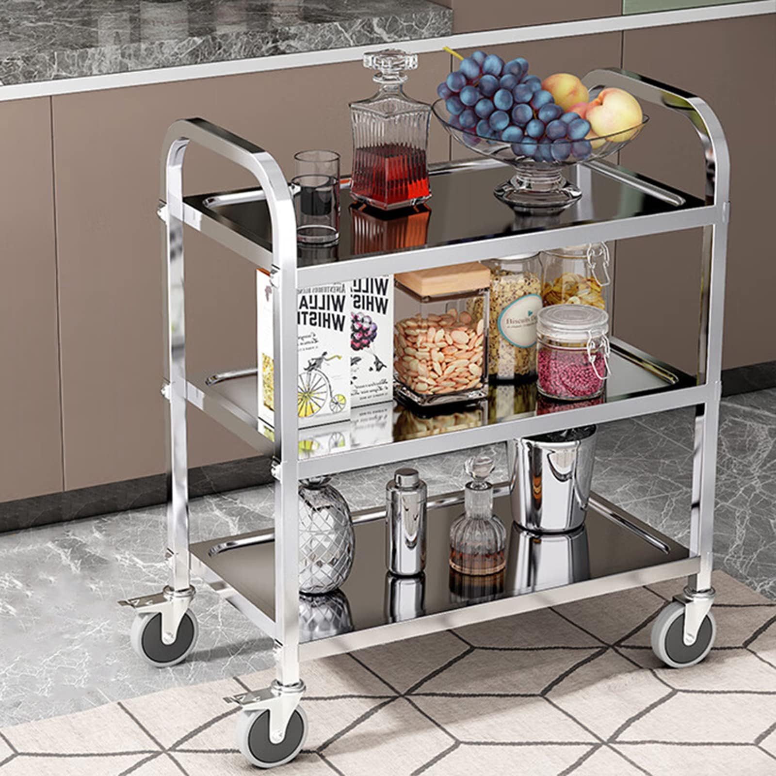 TAIMIKO Grand Chariot Utilitaire en Acier Inoxydable à 3 Niveaux avec Roues verrouillables, Garage, Restaurants, hôtels (750 x 400 x 835 mm, 3 Niveaux)