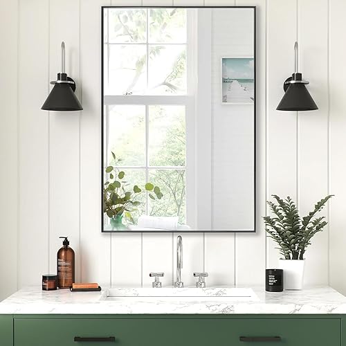 Miniatura 91 de Espejo de baño negro de 24 x 36 pulgadas, sin cobre, espejo de tocador con marco de aleación de aluminio, espejo rectangular montado en la pared