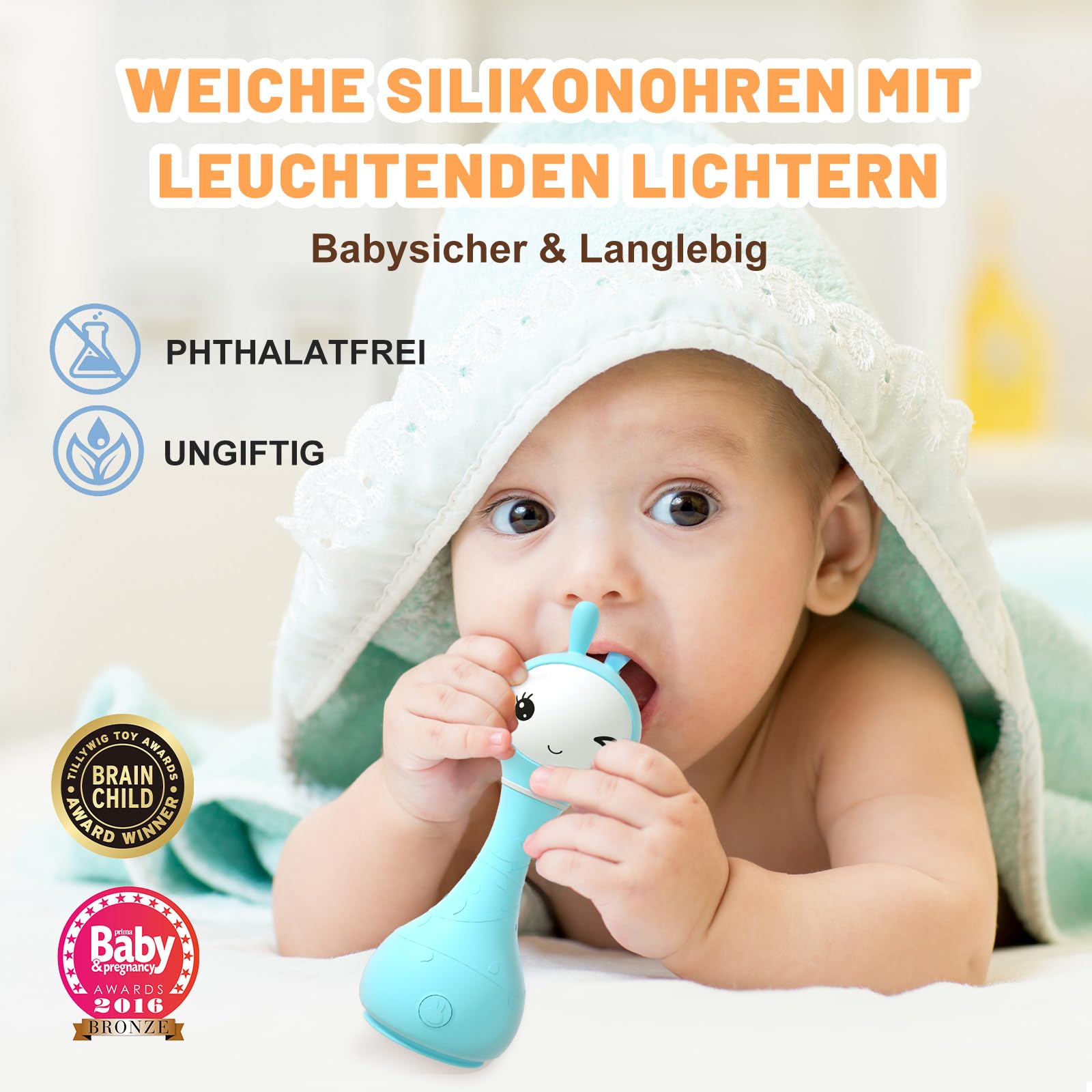 alilo Smarty Bunny Baby Rasseln, Montessori Spielzeug ab 0 3 6 12 18 24 Monate, Musikalisches Babyspielzeug mit Farberkennung, 66 Naturgeräusche & Einschlafhilfe, Baby Geschenke (Englische Version)